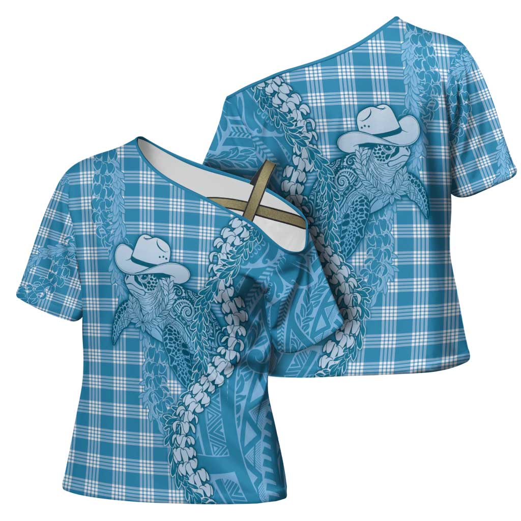Blue Hawaii Palaka Cowboy Turtle Cross Shoulder Shirt Hawaiian Paniolo Puakenikeni Maile Lei - Polynesian Pride