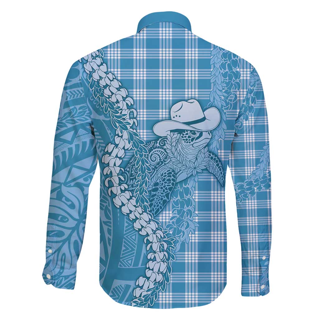 Blue Hawaii Palaka Cowboy Turtle Family Matching Long Sleeve Bodycon Dress and Hawaiian Shirt Hawaiian Paniolo Puakenikeni Maile Lei - Polynesian Pride