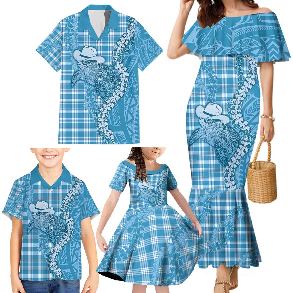 Blue Hawaii Palaka Cowboy Turtle Family Matching Mermaid Dress and Hawaiian Shirt Hawaiian Paniolo Puakenikeni Maile Lei - Polynesian Pride