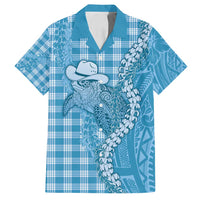 Blue Hawaii Palaka Cowboy Turtle Family Matching Off Shoulder Short Dress and Hawaiian Shirt Hawaiian Paniolo Puakenikeni Maile Lei - Polynesian Pride