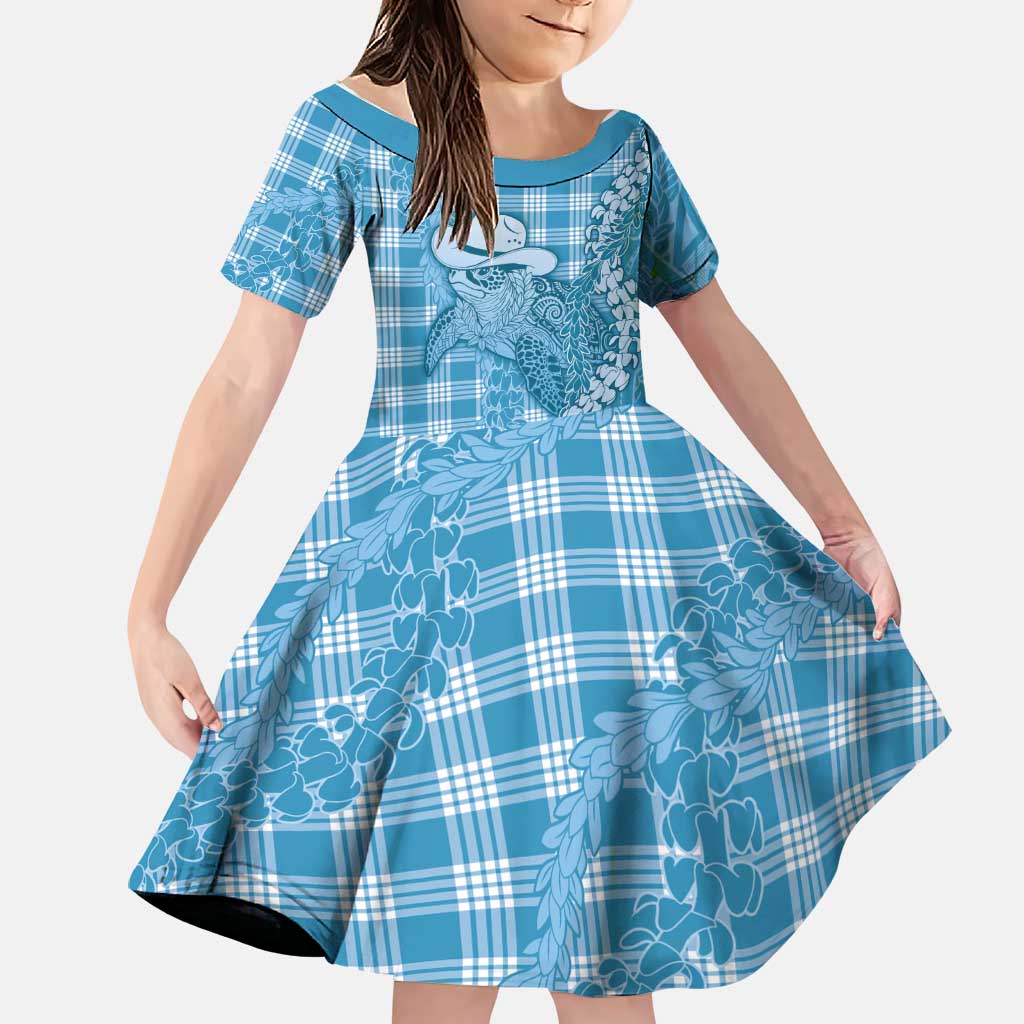 Blue Hawaii Palaka Cowboy Turtle Family Matching Puletasi and Hawaiian Shirt Hawaiian Paniolo Puakenikeni Maile Lei DT05 Daughter's Dress Blue - Polynesian Pride