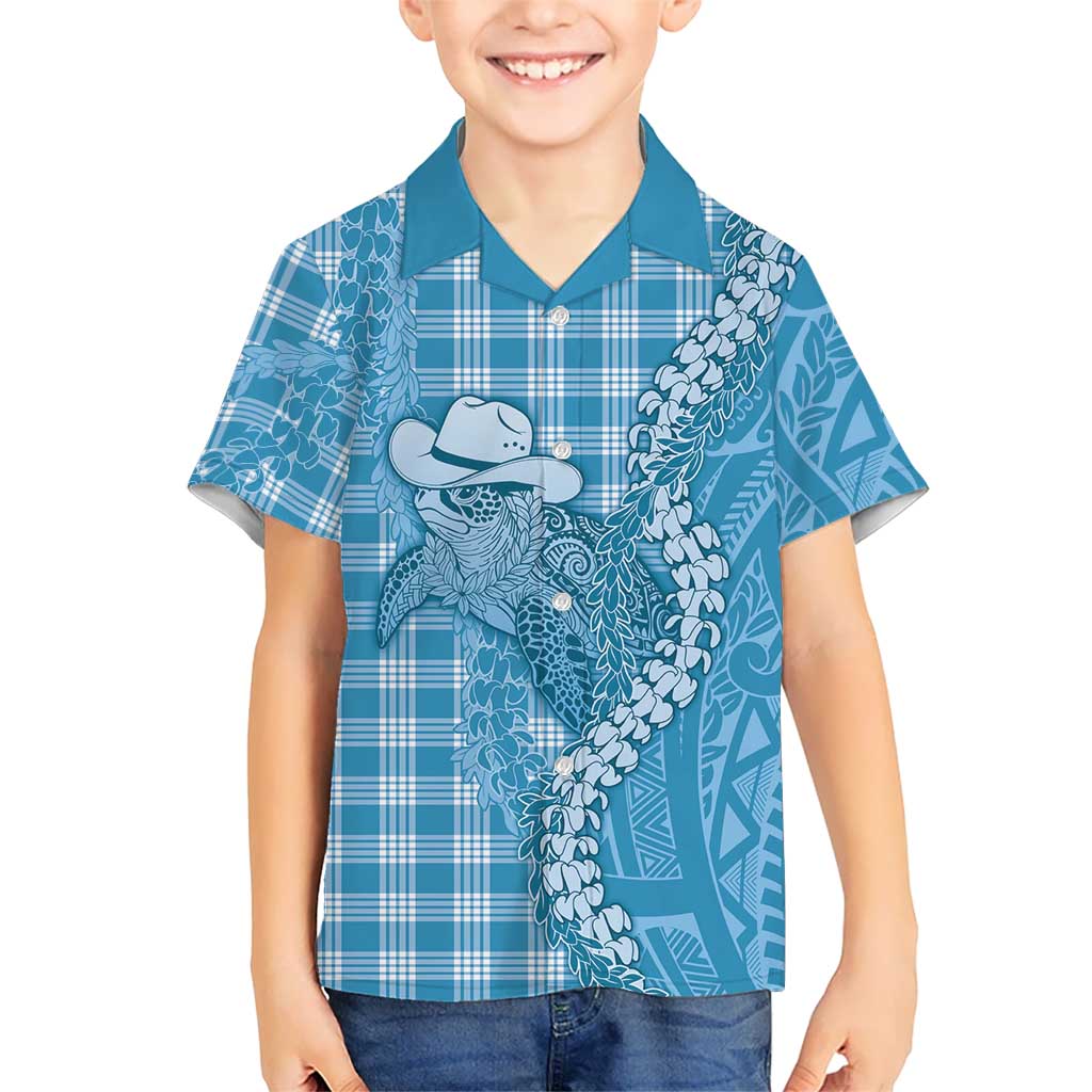 Blue Hawaii Palaka Cowboy Turtle Family Matching Puletasi and Hawaiian Shirt Hawaiian Paniolo Puakenikeni Maile Lei DT05 Son's Shirt Blue - Polynesian Pride
