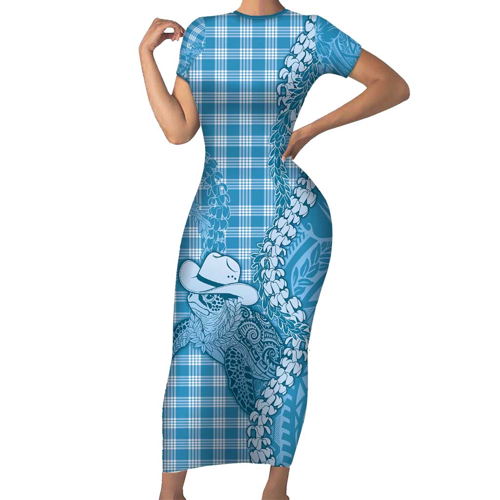 Blue Hawaii Palaka Cowboy Turtle Family Matching Short Sleeve Bodycon Dress and Hawaiian Shirt Hawaiian Paniolo Puakenikeni Maile Lei - Polynesian Pride