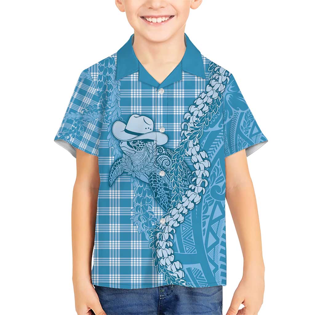Blue Hawaii Palaka Cowboy Turtle Family Matching Short Sleeve Bodycon Dress and Hawaiian Shirt Hawaiian Paniolo Puakenikeni Maile Lei - Polynesian Pride