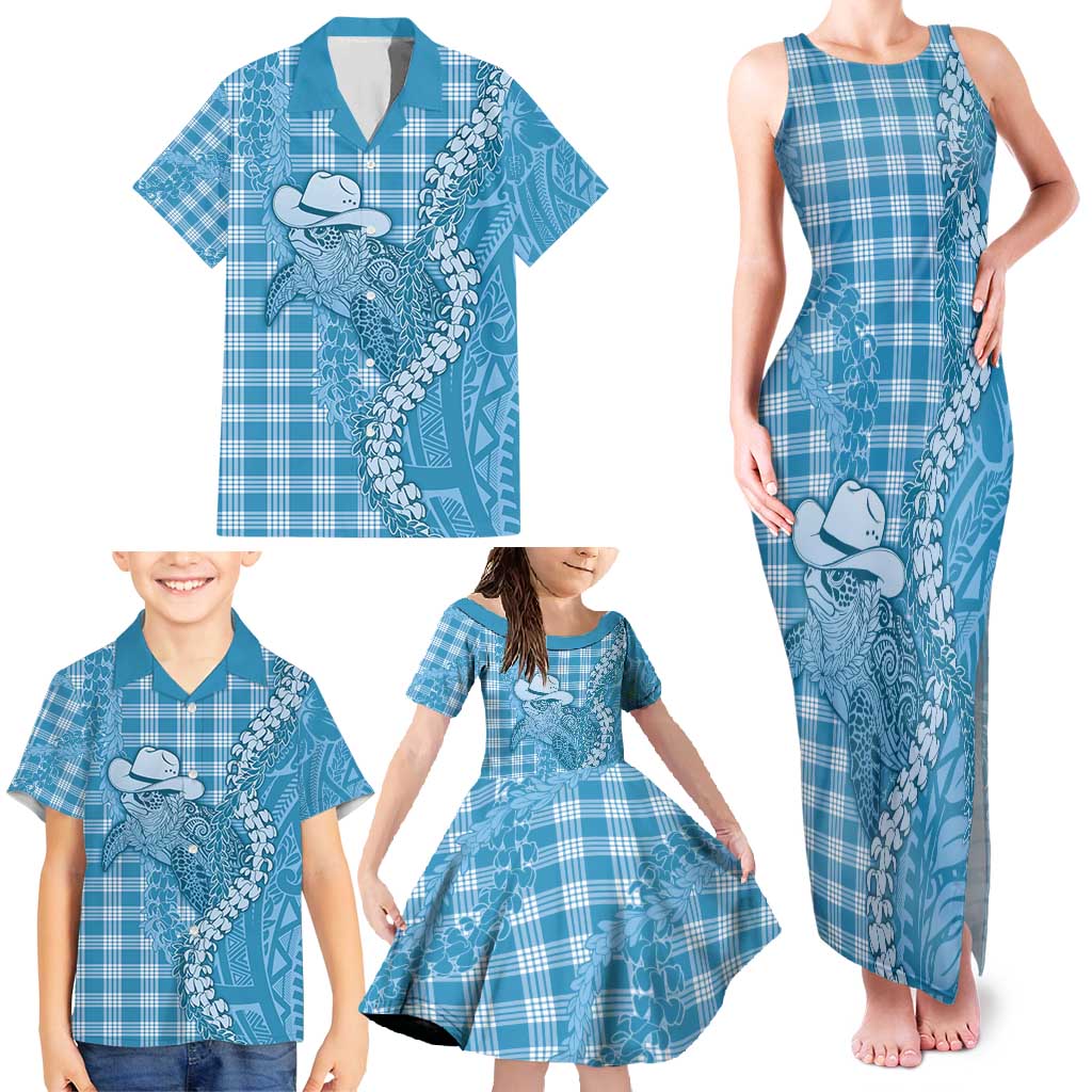 Blue Hawaii Palaka Cowboy Turtle Family Matching Tank Maxi Dress and Hawaiian Shirt Hawaiian Paniolo Puakenikeni Maile Lei - Polynesian Pride