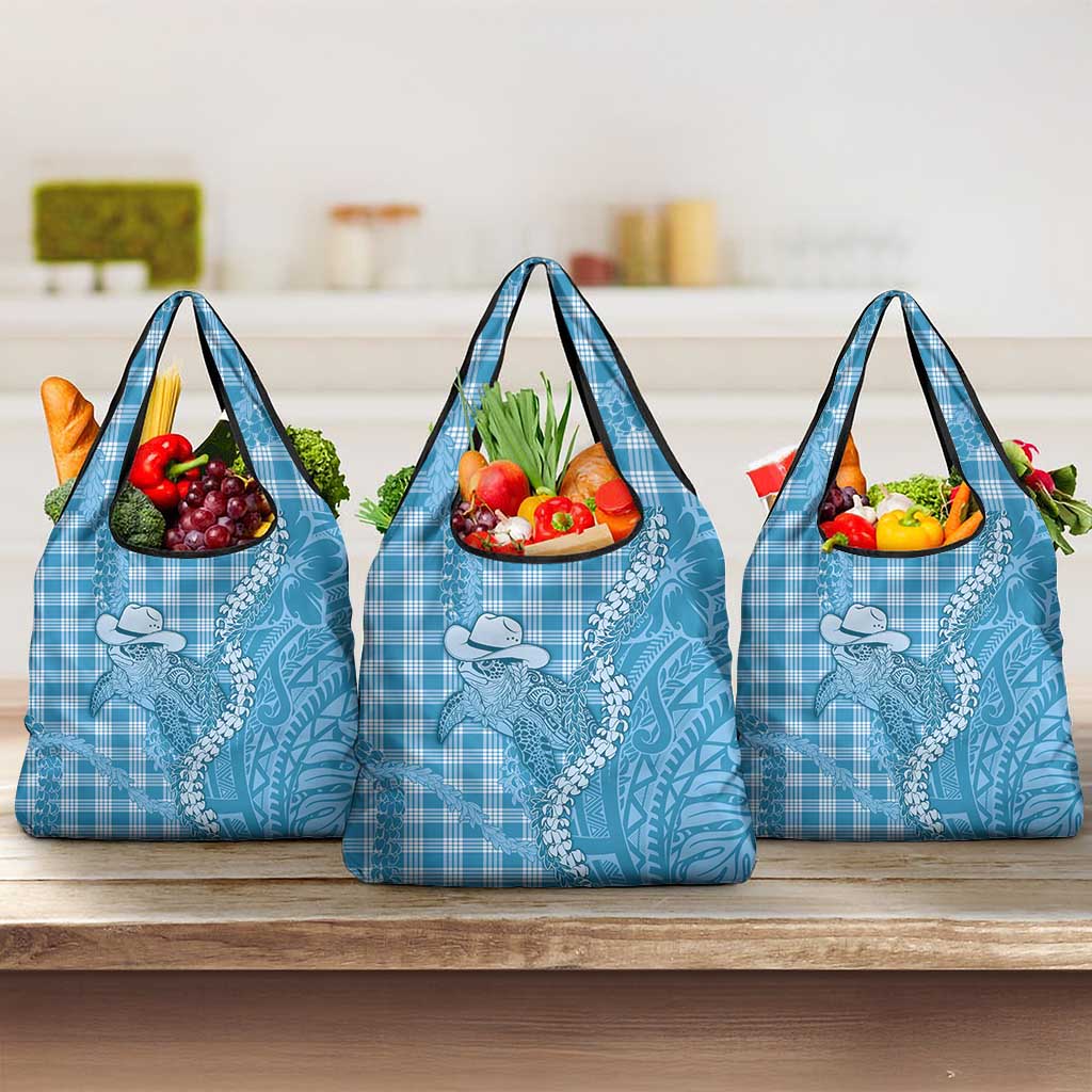 Blue Hawaii Palaka Cowboy Turtle Grocery Bag Hawaiian Paniolo Puakenikeni Maile Lei - Polynesian Pride