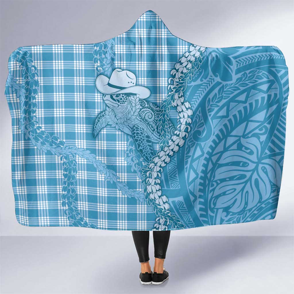 Blue Hawaii Palaka Cowboy Turtle Hooded Blanket Hawaiian Paniolo Puakenikeni Maile Lei - Polynesian Pride