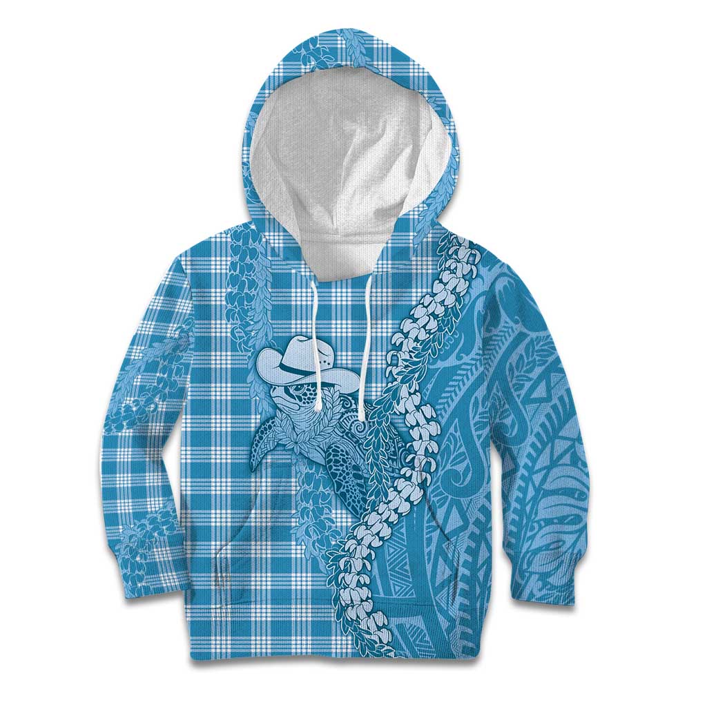 Blue Hawaii Palaka Cowboy Turtle Kid Hoodie Hawaiian Paniolo Puakenikeni Maile Lei - Polynesian Pride
