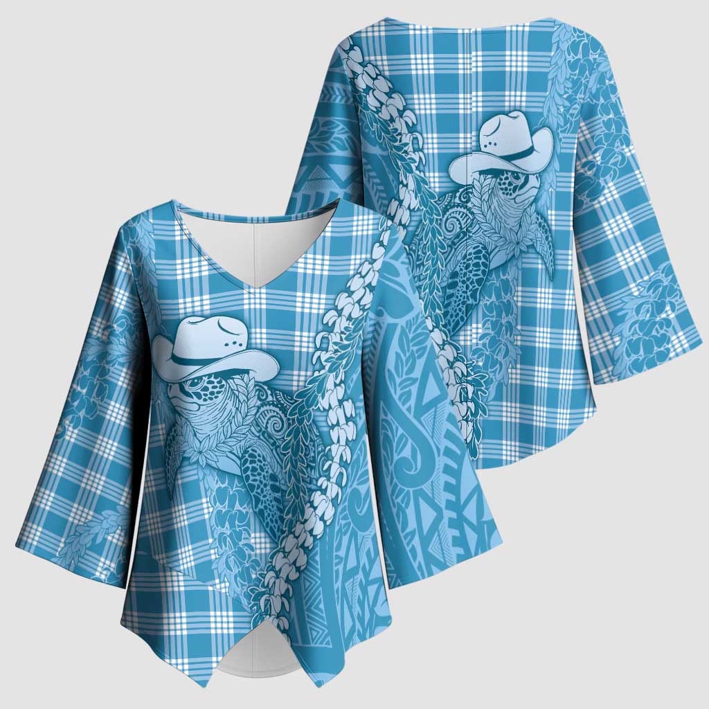 Blue Hawaii Palaka Cowboy Turtle Kimono Sleeve Blouse Hawaiian Paniolo Puakenikeni Maile Lei - Polynesian Pride