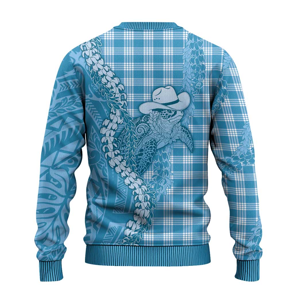 Blue Hawaii Palaka Cowboy Turtle Ugly Christmas Sweater Hawaiian Paniolo Puakenikeni Maile Lei - Polynesian Pride