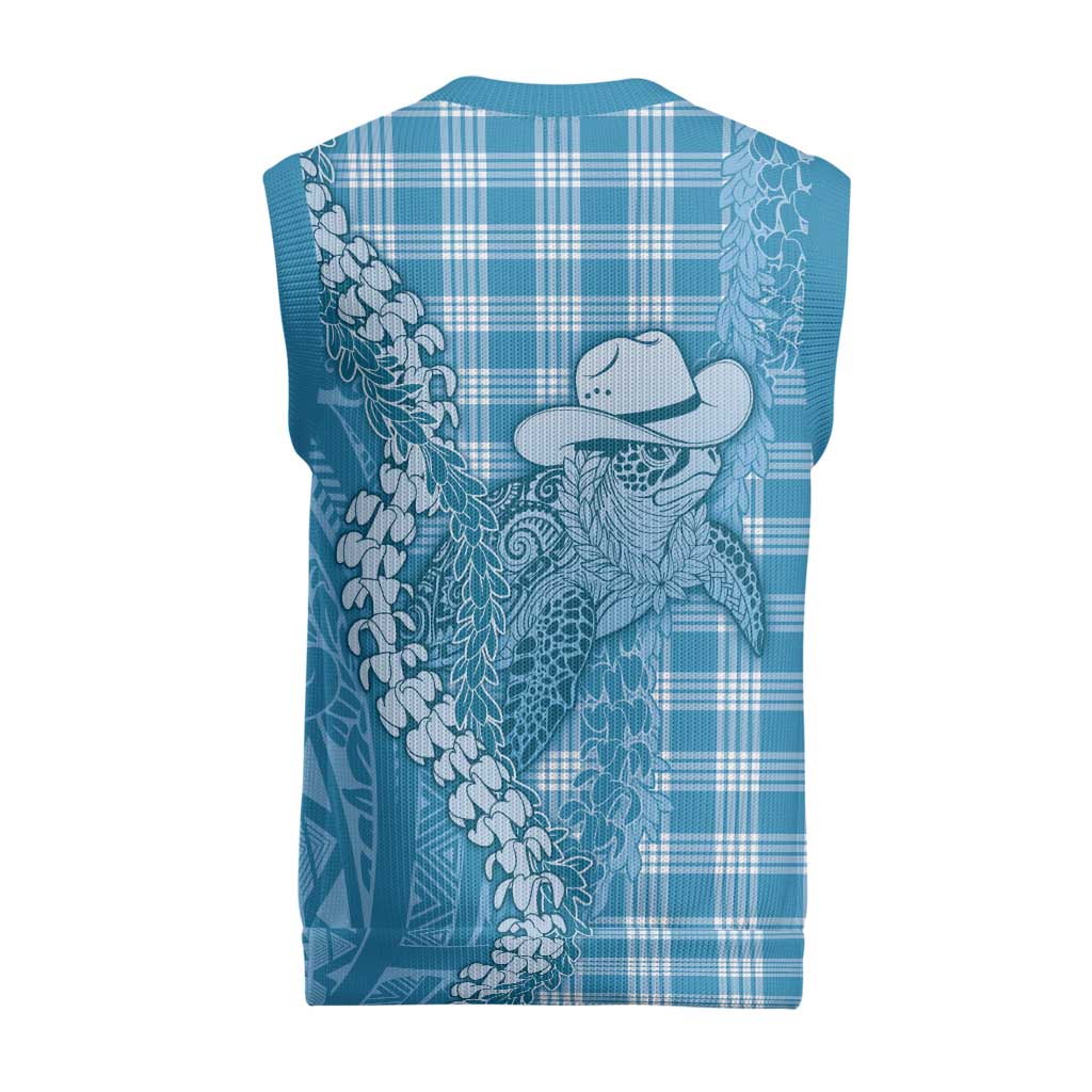 Blue Hawaii Palaka Cowboy Turtle Christmas Knitted V-Neck Vest Hawaiian Paniolo Puakenikeni Maile Lei - Polynesian Pride