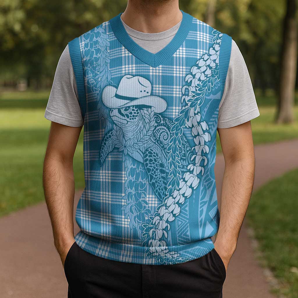 Blue Hawaii Palaka Cowboy Turtle Christmas Knitted V-Neck Vest Hawaiian Paniolo Puakenikeni Maile Lei - Polynesian Pride