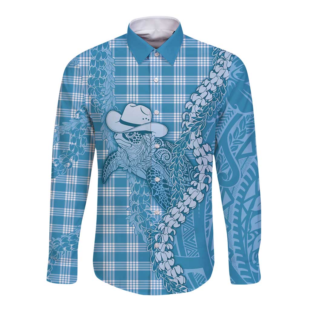 Blue Hawaii Palaka Cowboy Turtle Long Sleeve Button Shirt Hawaiian Paniolo Puakenikeni Maile Lei - Polynesian Pride