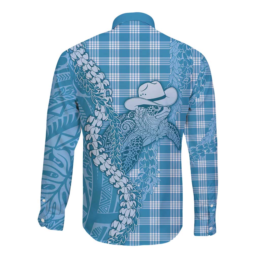 Blue Hawaii Palaka Cowboy Turtle Long Sleeve Button Shirt Hawaiian Paniolo Puakenikeni Maile Lei - Polynesian Pride