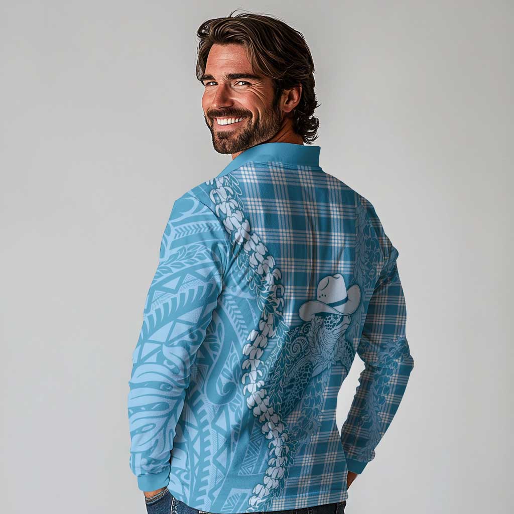 Blue Hawaii Palaka Cowboy Turtle Long Sleeve Polo Shirt Hawaiian Paniolo Puakenikeni Maile Lei - Polynesian Pride