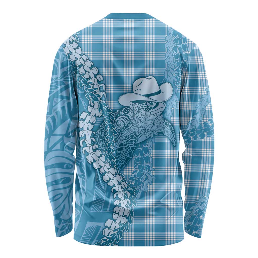 Blue Hawaii Palaka Cowboy Turtle Long Sleeve Shirt Hawaiian Paniolo Puakenikeni Maile Lei - Polynesian Pride