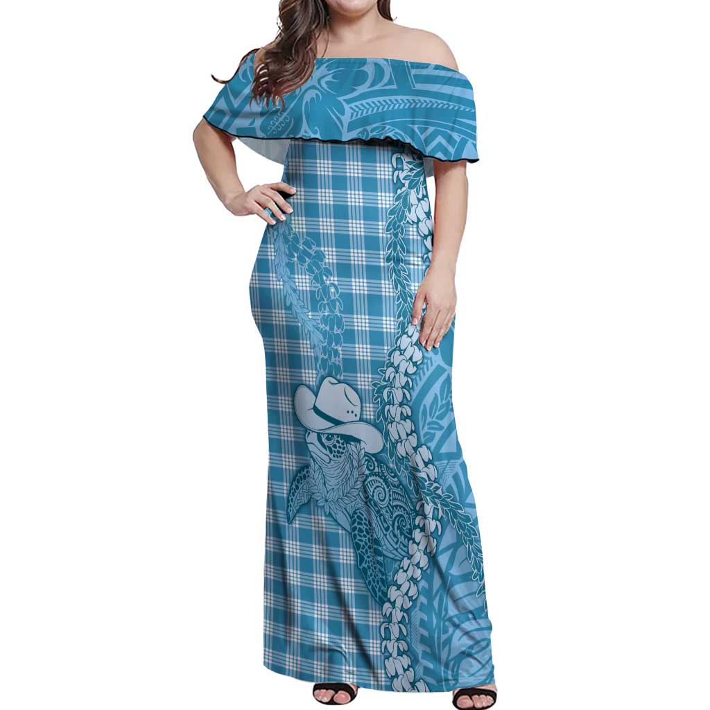 Blue Hawaii Palaka Cowboy Turtle Off Shoulder Maxi Dress Hawaiian Paniolo Puakenikeni Maile Lei - Polynesian Pride