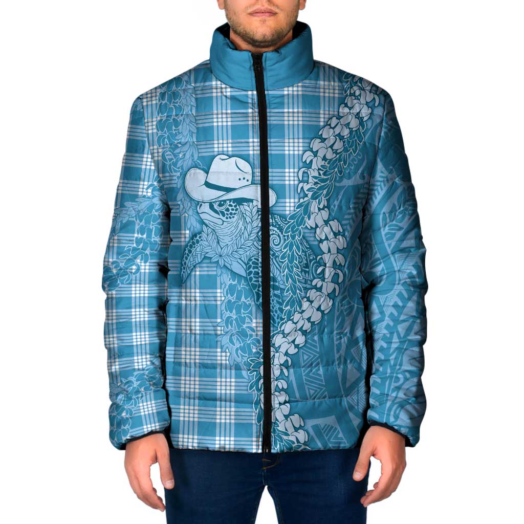 Blue Hawaii Palaka Cowboy Turtle Padded Jacket Hawaiian Paniolo Puakenikeni Maile Lei - Polynesian Pride
