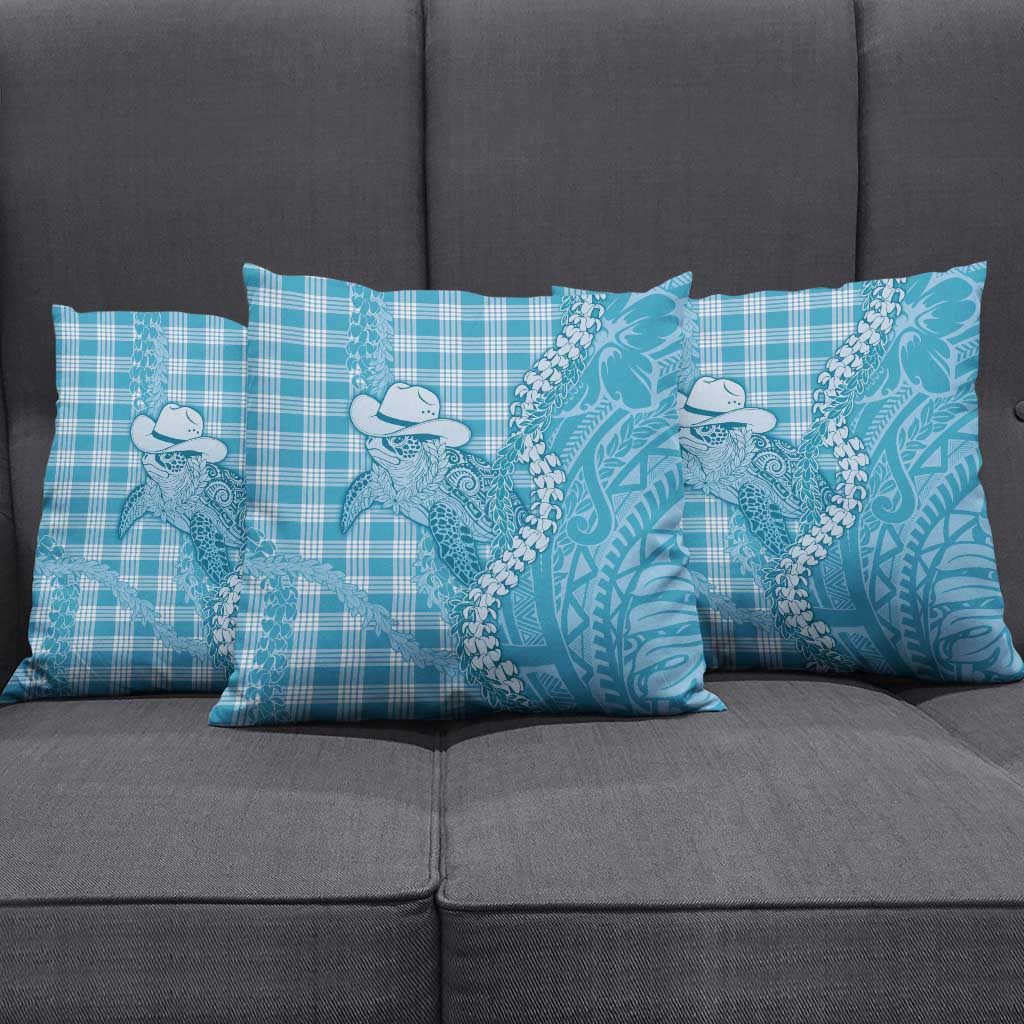 Blue Hawaii Palaka Cowboy Turtle Pillow Cover Hawaiian Paniolo Puakenikeni Maile Lei - Polynesian Pride