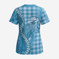 Blue Hawaii Palaka Cowboy Turtle Scrub Top Hawaiian Paniolo Puakenikeni Maile Lei - Polynesian Pride