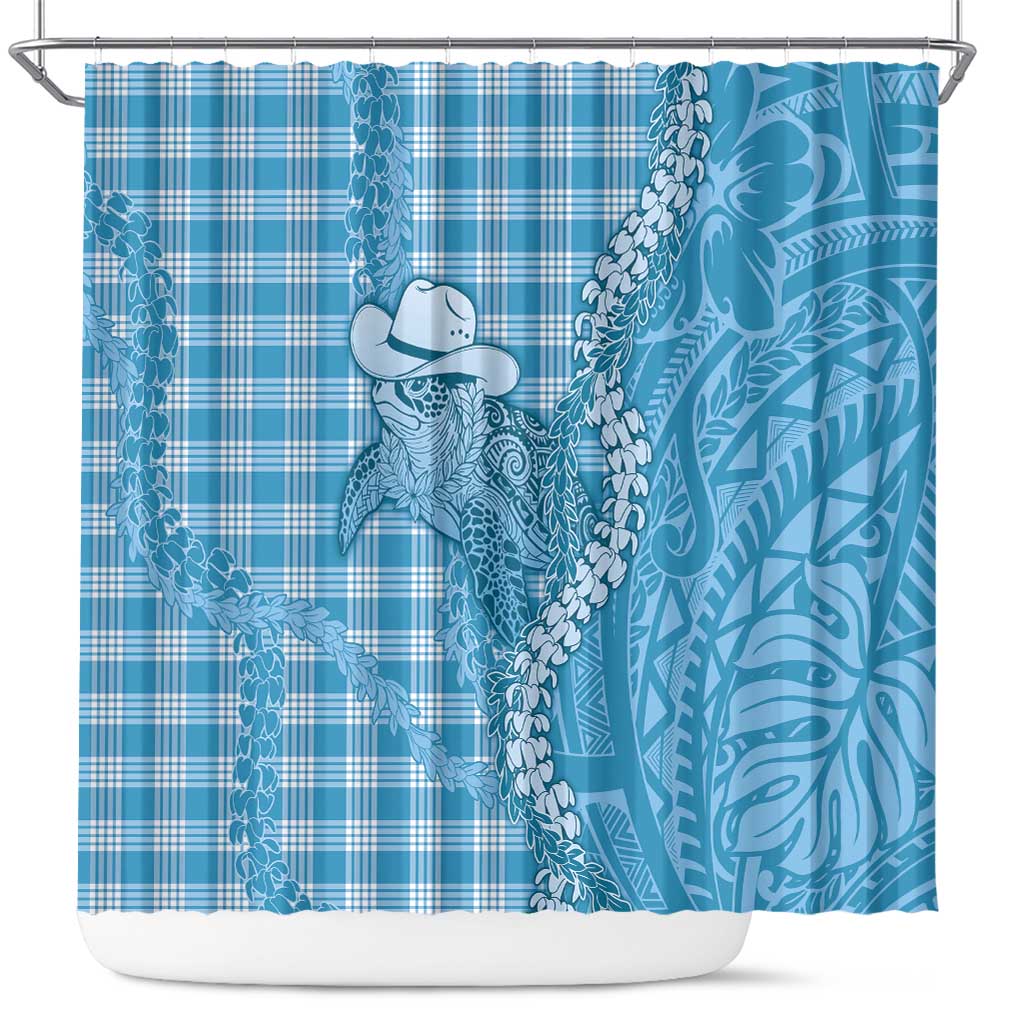 Blue Hawaii Palaka Cowboy Turtle Shower Curtain Hawaiian Paniolo Puakenikeni Maile Lei - Polynesian Pride