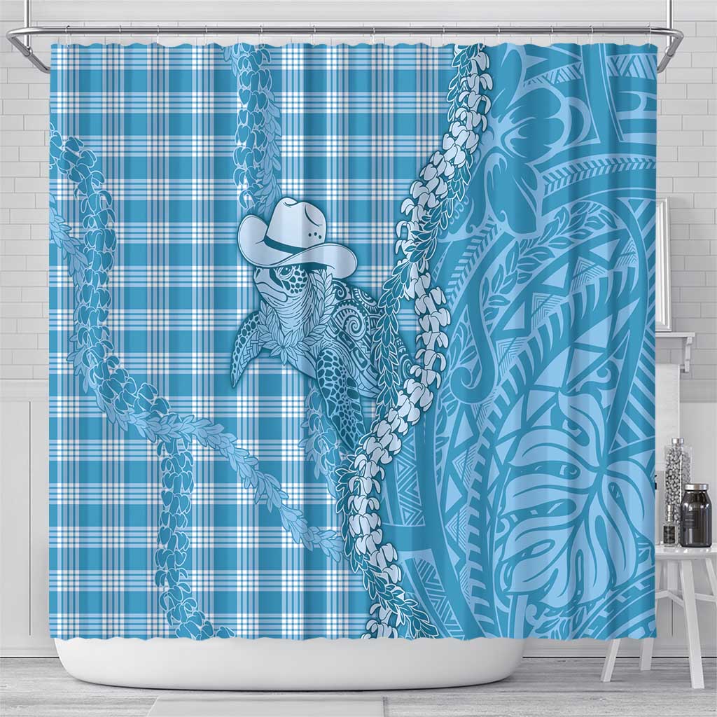 Blue Hawaii Palaka Cowboy Turtle Shower Curtain Hawaiian Paniolo Puakenikeni Maile Lei - Polynesian Pride