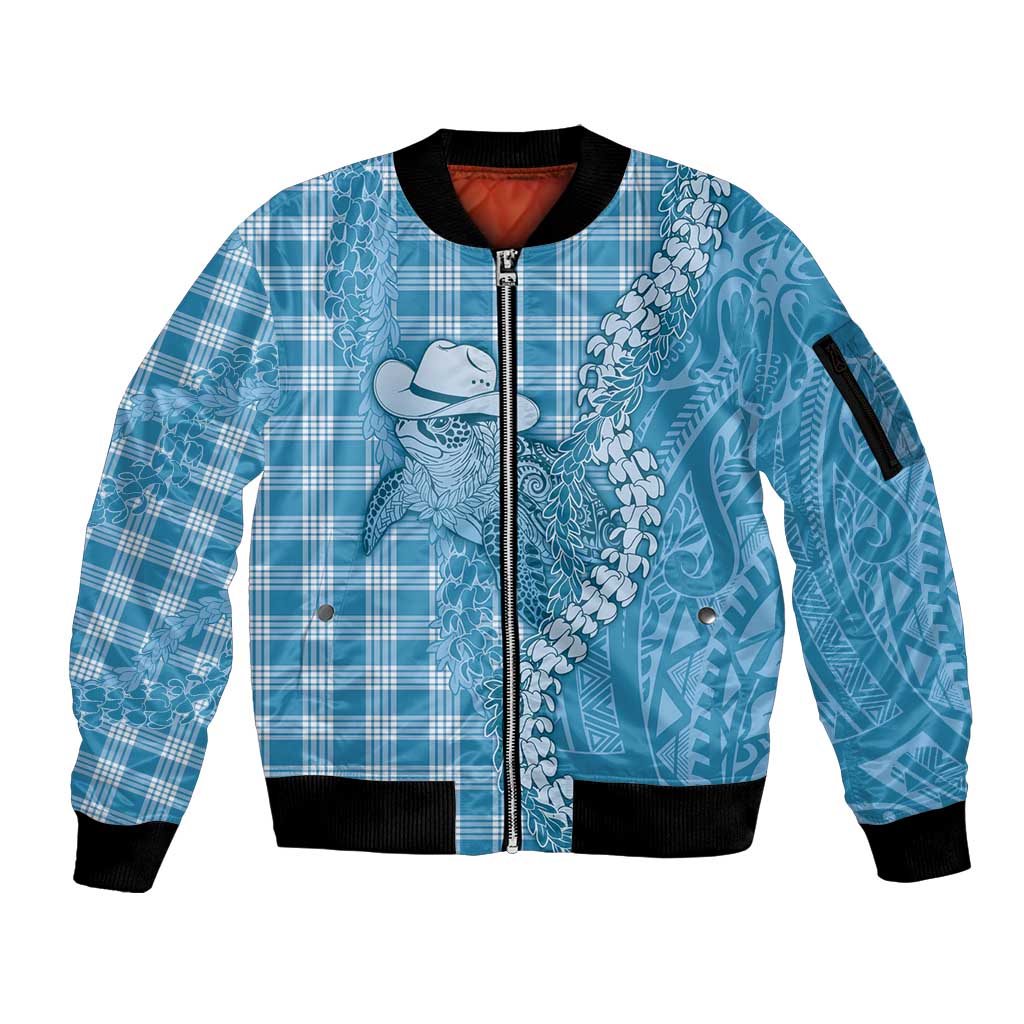 Blue Hawaii Palaka Cowboy Turtle Sleeve Zip Bomber Jacket Hawaiian Paniolo Puakenikeni Maile Lei - Polynesian Pride