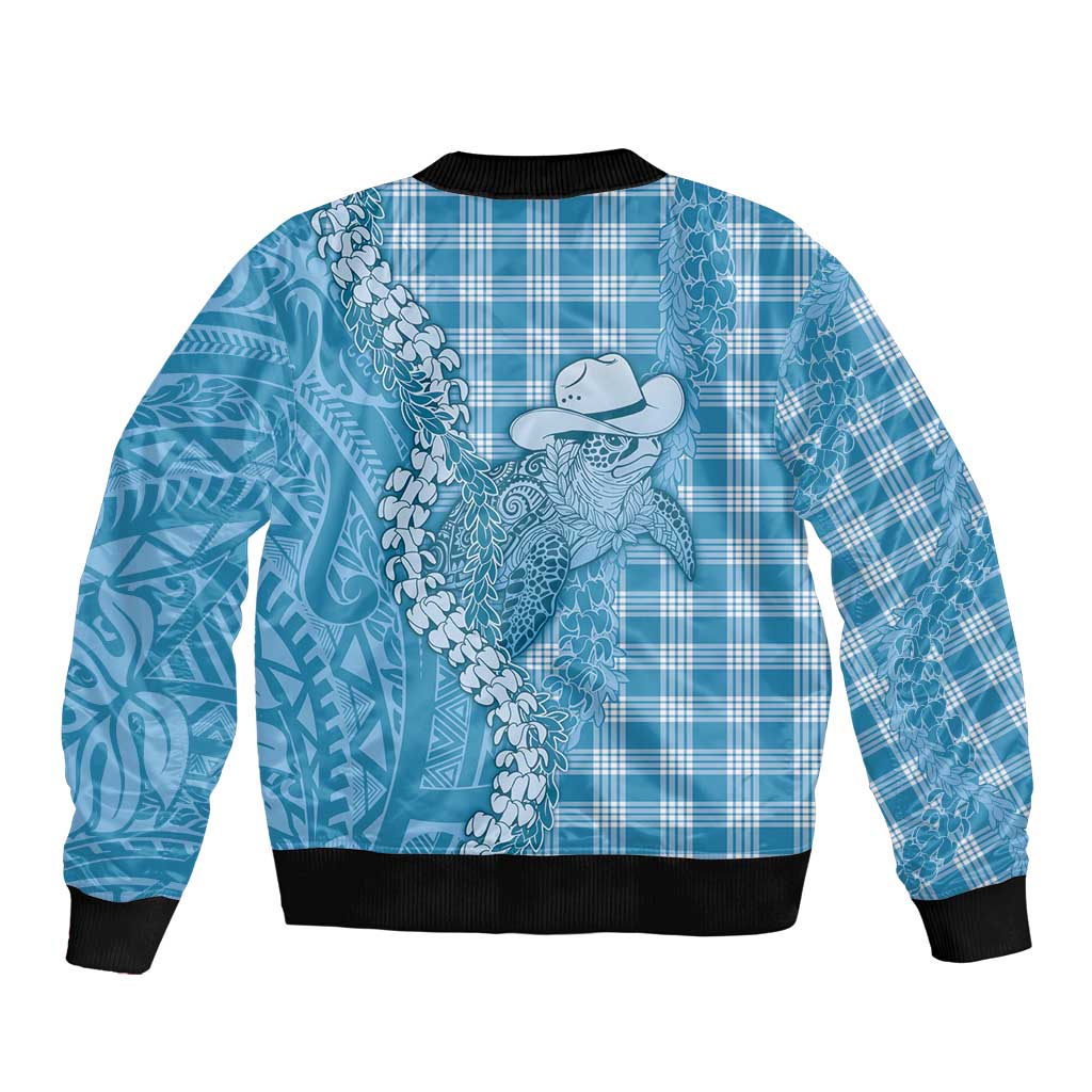 Blue Hawaii Palaka Cowboy Turtle Sleeve Zip Bomber Jacket Hawaiian Paniolo Puakenikeni Maile Lei - Polynesian Pride