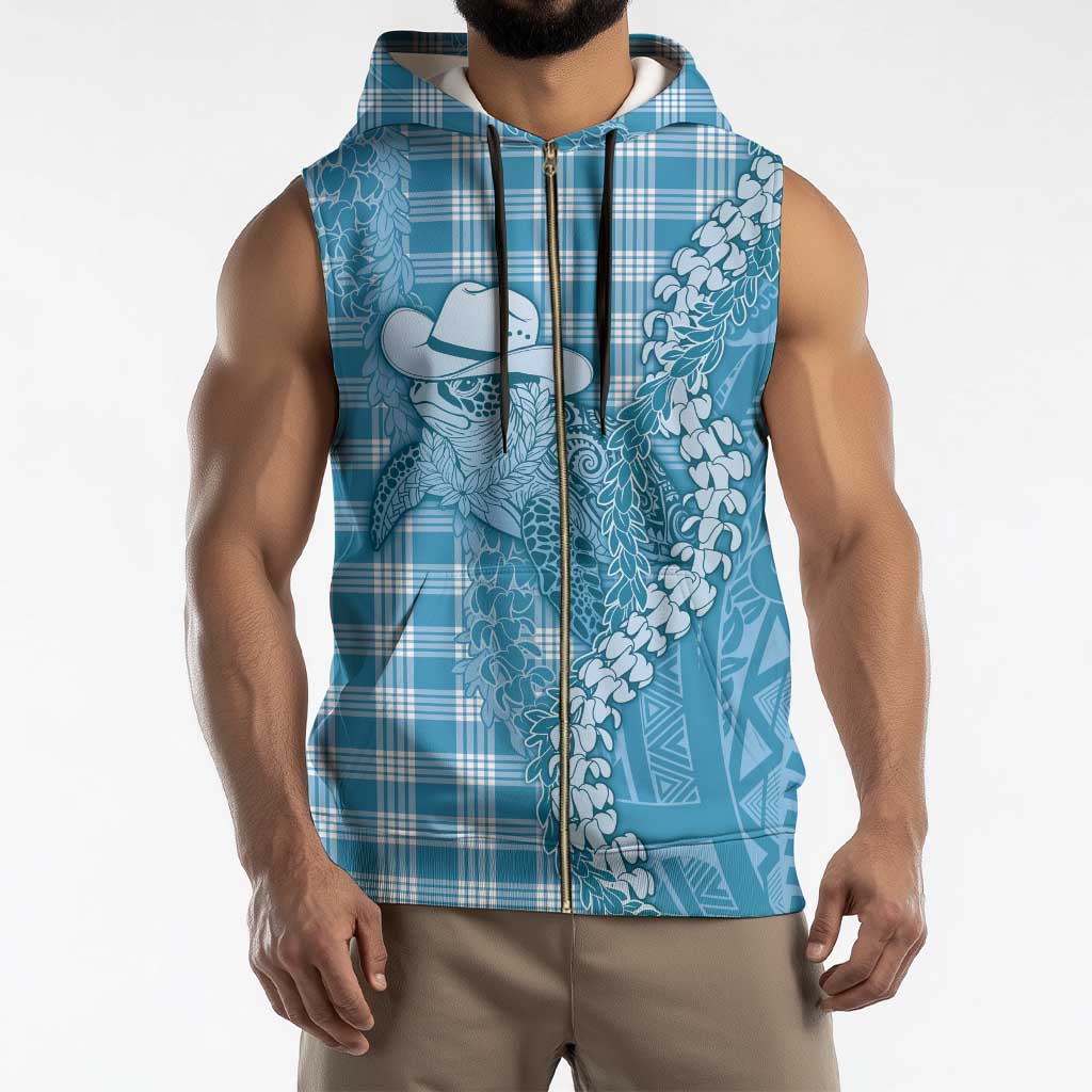 Blue Hawaii Palaka Cowboy Turtle Sleeveless Zip Hoodie Hawaiian Paniolo Puakenikeni Maile Lei - Polynesian Pride