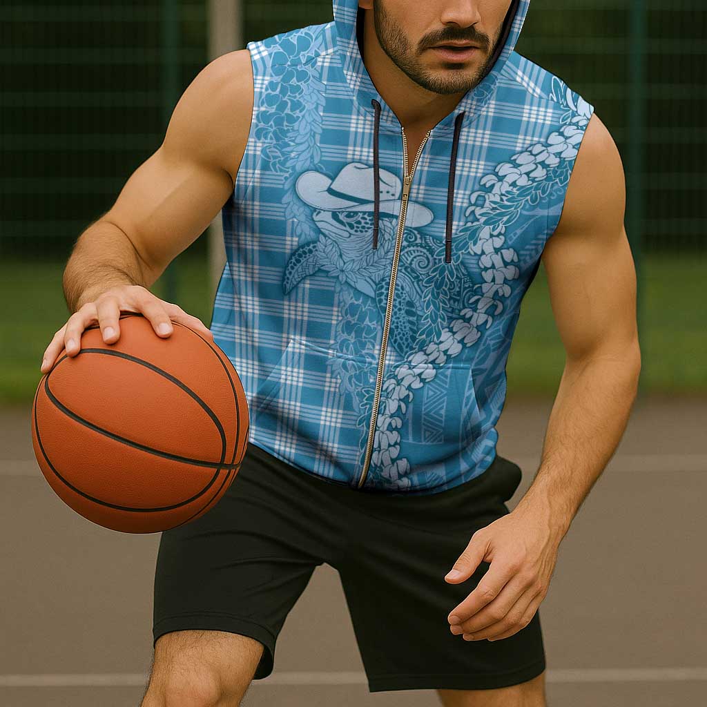 Blue Hawaii Palaka Cowboy Turtle Sleeveless Zip Hoodie Hawaiian Paniolo Puakenikeni Maile Lei - Polynesian Pride