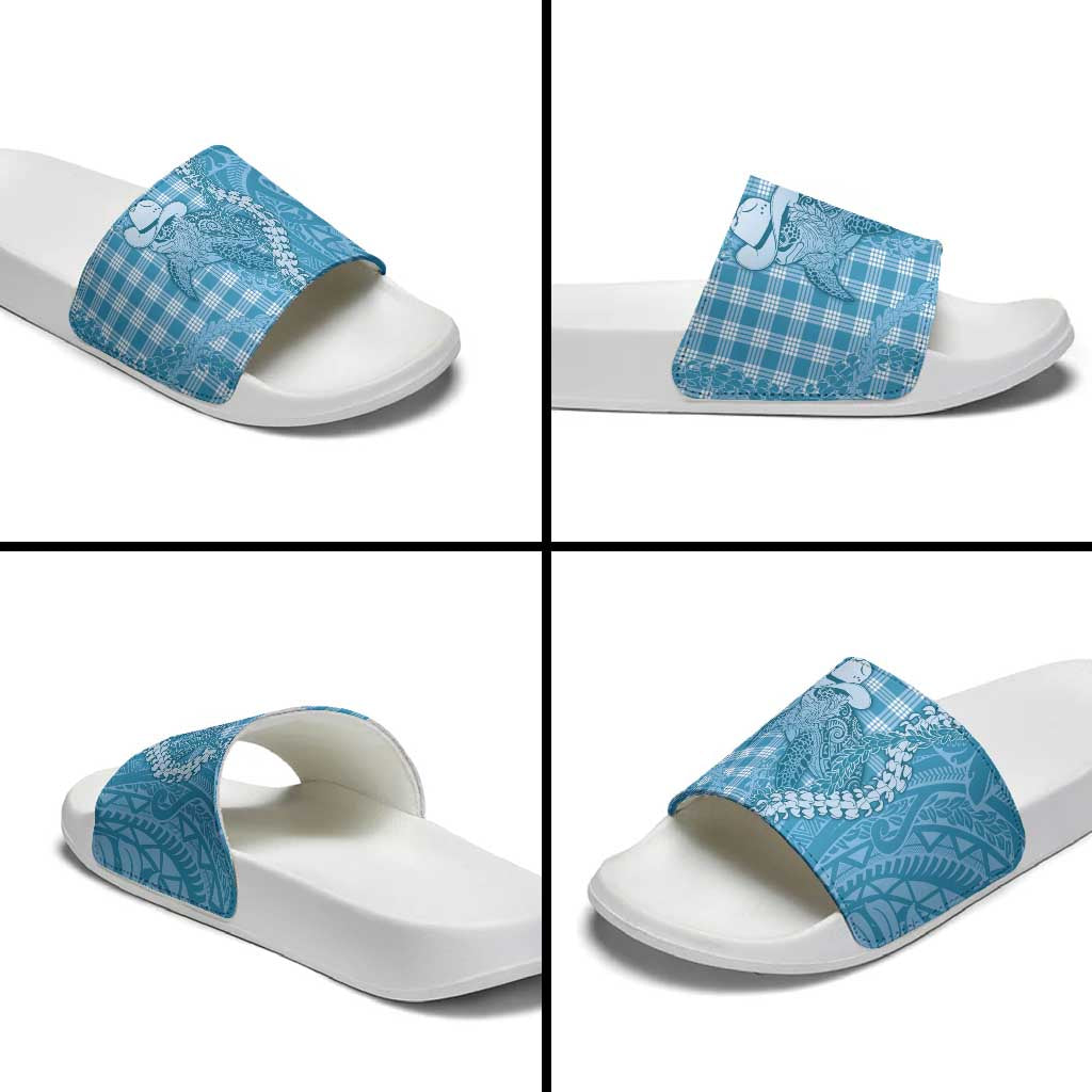Blue Hawaii Palaka Cowboy Turtle Slide Sandals Hawaiian Paniolo Puakenikeni Maile Lei - Polynesian Pride