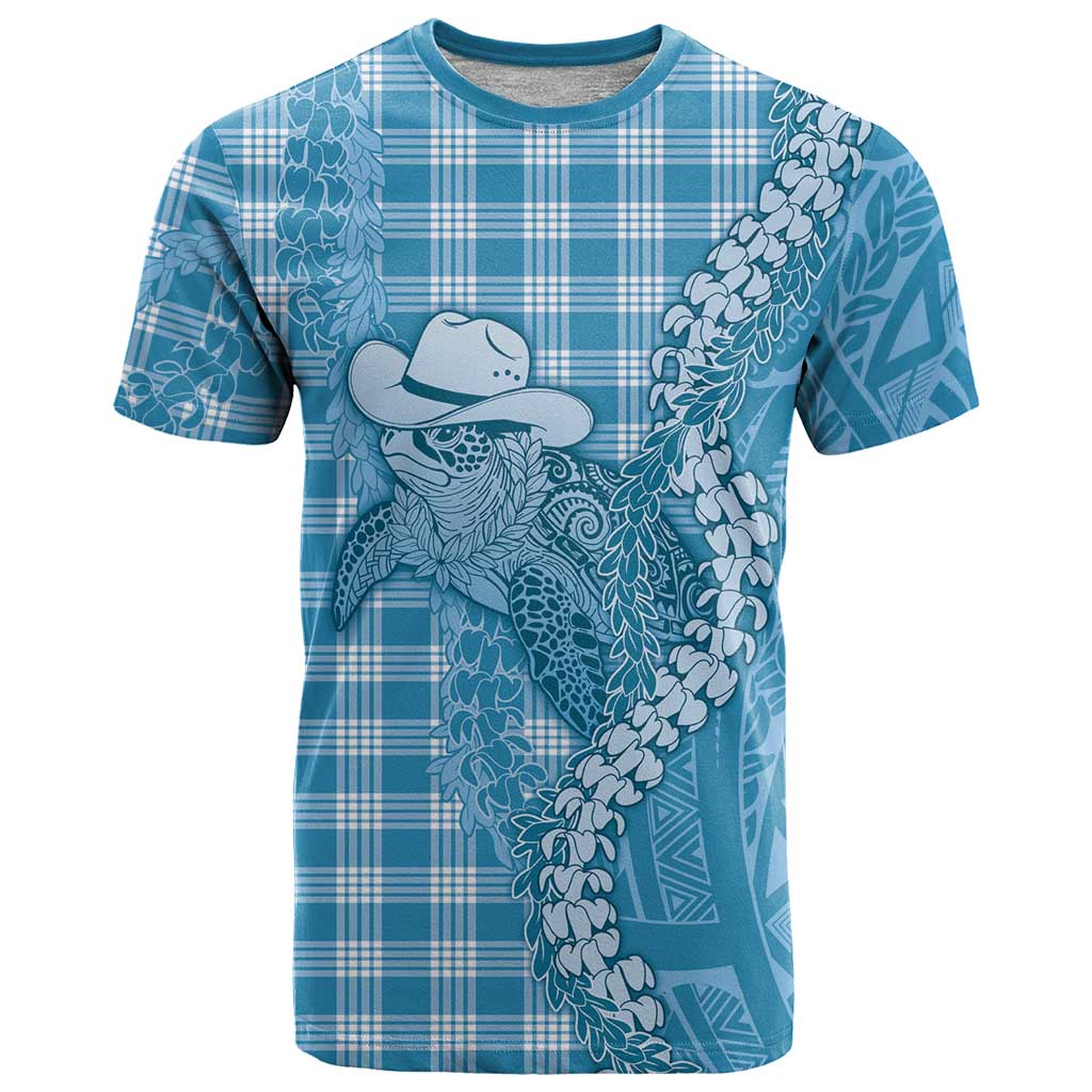 Blue Hawaii Palaka Cowboy Turtle T Shirt Hawaiian Paniolo Puakenikeni Maile Lei - Polynesian Pride