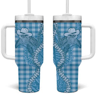 Blue Hawaii Palaka Cowboy Turtle Tumbler With Handle Hawaiian Paniolo Puakenikeni Maile Lei - Polynesian Pride