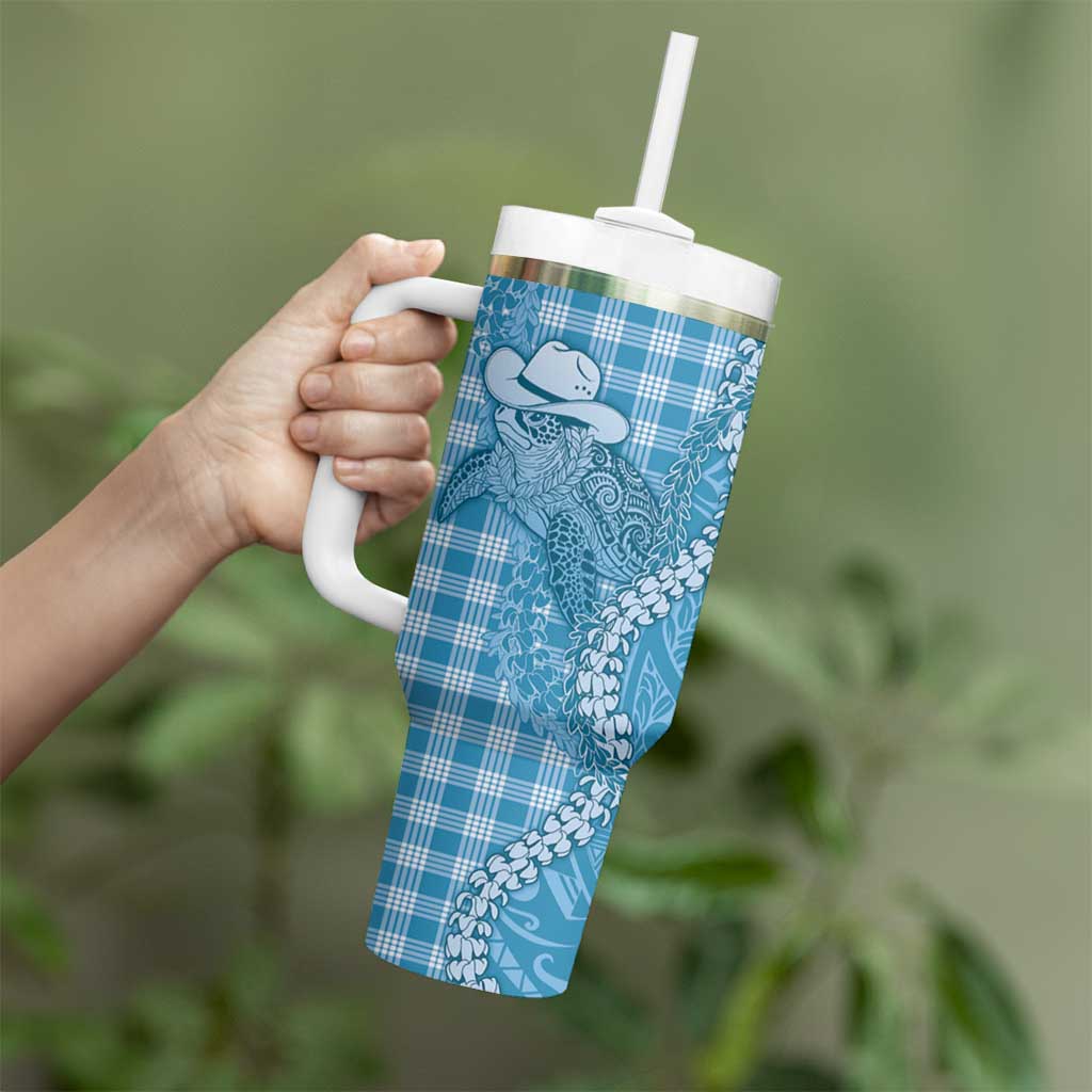 Blue Hawaii Palaka Cowboy Turtle Tumbler With Handle Hawaiian Paniolo Puakenikeni Maile Lei - Polynesian Pride