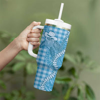 Blue Hawaii Palaka Cowboy Turtle Tumbler With Handle Hawaiian Paniolo Puakenikeni Maile Lei - Polynesian Pride