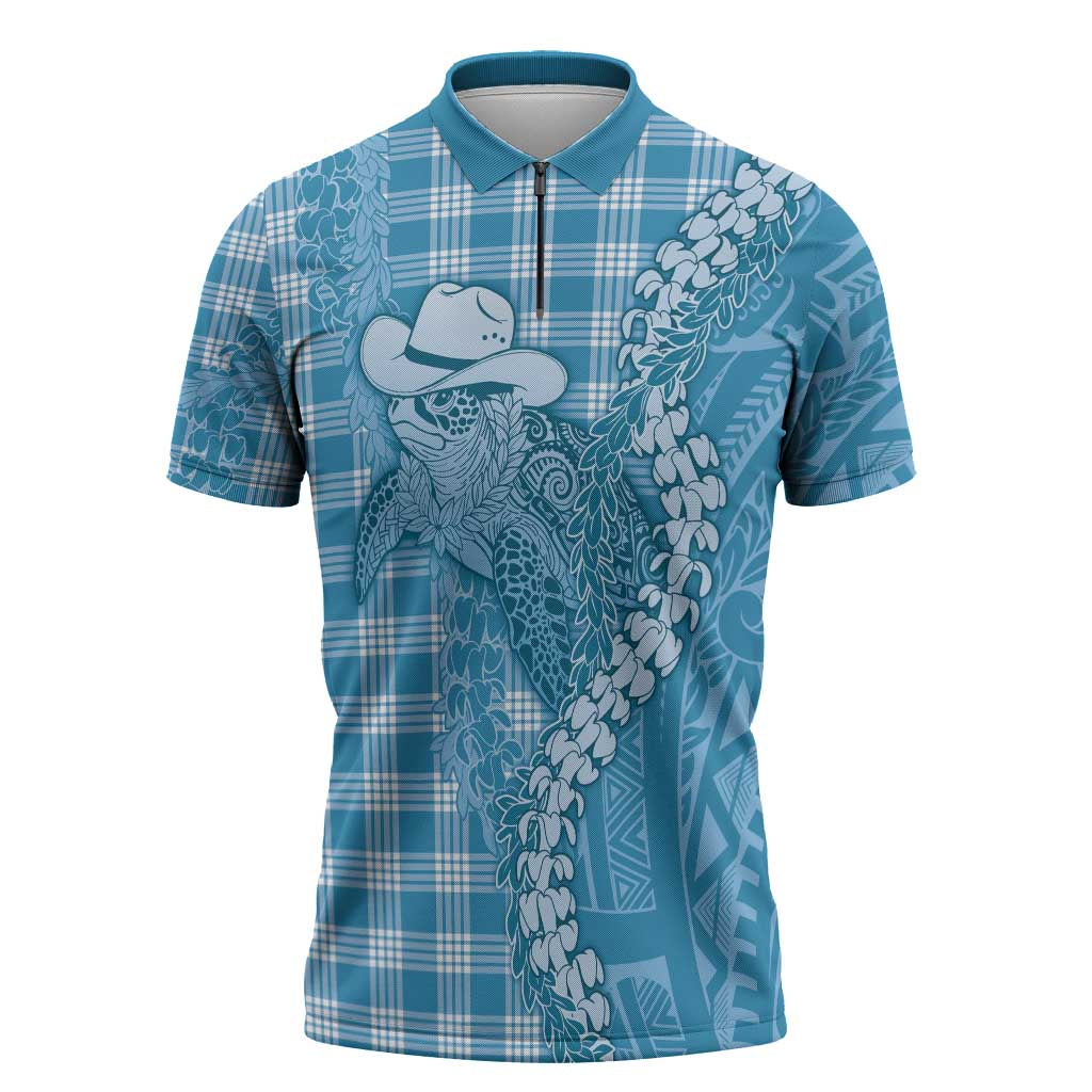 Blue Hawaii Palaka Cowboy Turtle Zipper Polo Shirt Hawaiian Paniolo Puakenikeni Maile Lei - Polynesian Pride