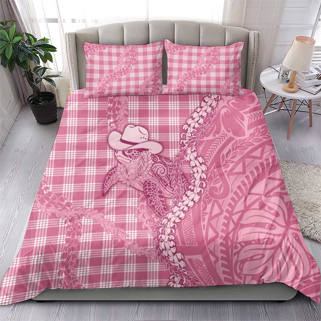 Pink Hawaii Palaka Cowboy Turtle Bedding Set Hawaiian Paniolo Puakenikeni Maile Lei - Polynesian Pride