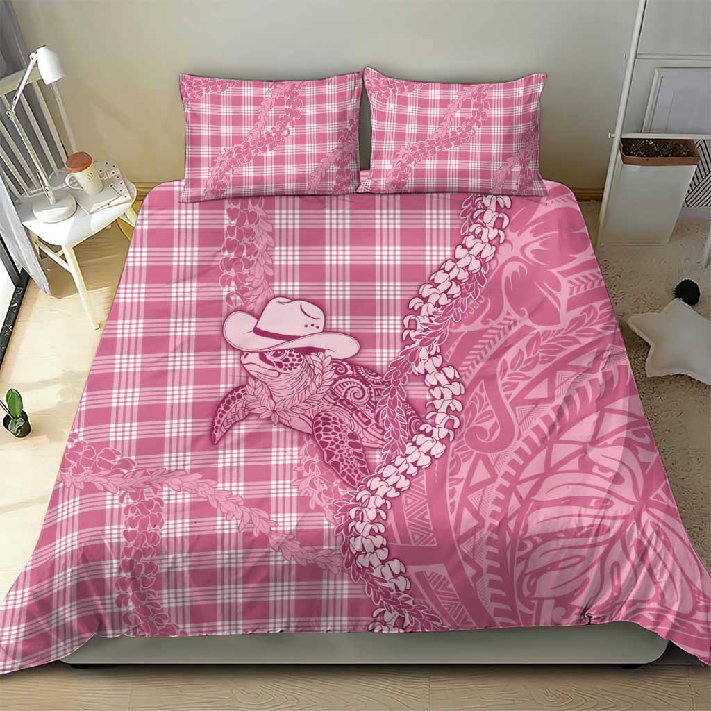 Pink Hawaii Palaka Cowboy Turtle Bedding Set Hawaiian Paniolo Puakenikeni Maile Lei - Polynesian Pride