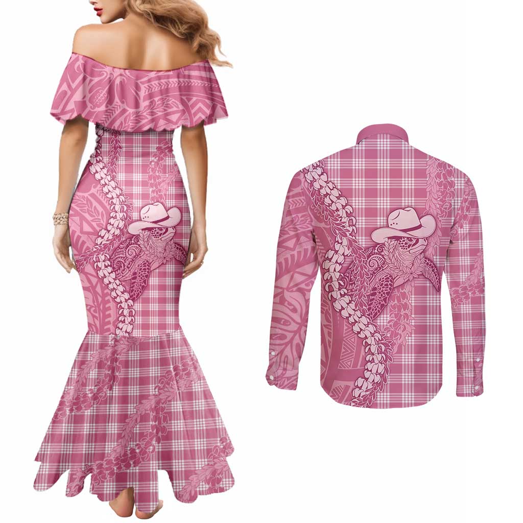 Pink Hawaii Palaka Cowboy Turtle Couples Matching Mermaid Dress and Long Sleeve Button Shirt Hawaiian Paniolo Puakenikeni Maile Lei - Polynesian Pride