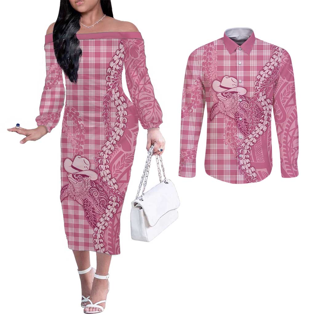 Pink Hawaii Palaka Cowboy Turtle Couples Matching Off The Shoulder Long Sleeve Dress and Long Sleeve Button Shirt Hawaiian Paniolo Puakenikeni Maile Lei - Polynesian Pride