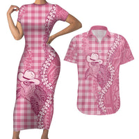 Pink Hawaii Palaka Cowboy Turtle Couples Matching Short Sleeve Bodycon Dress and Hawaiian Shirt Hawaiian Paniolo Puakenikeni Maile Lei - Polynesian Pride