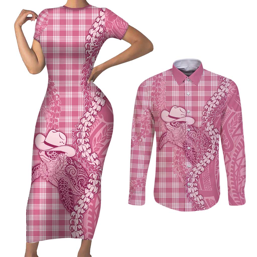 Pink Hawaii Palaka Cowboy Turtle Couples Matching Short Sleeve Bodycon Dress and Long Sleeve Button Shirt Hawaiian Paniolo Puakenikeni Maile Lei - Polynesian Pride
