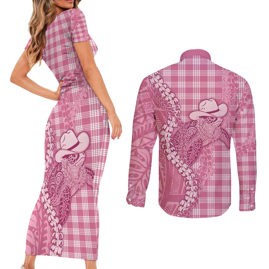Pink Hawaii Palaka Cowboy Turtle Couples Matching Short Sleeve Bodycon Dress and Long Sleeve Button Shirt Hawaiian Paniolo Puakenikeni Maile Lei - Polynesian Pride
