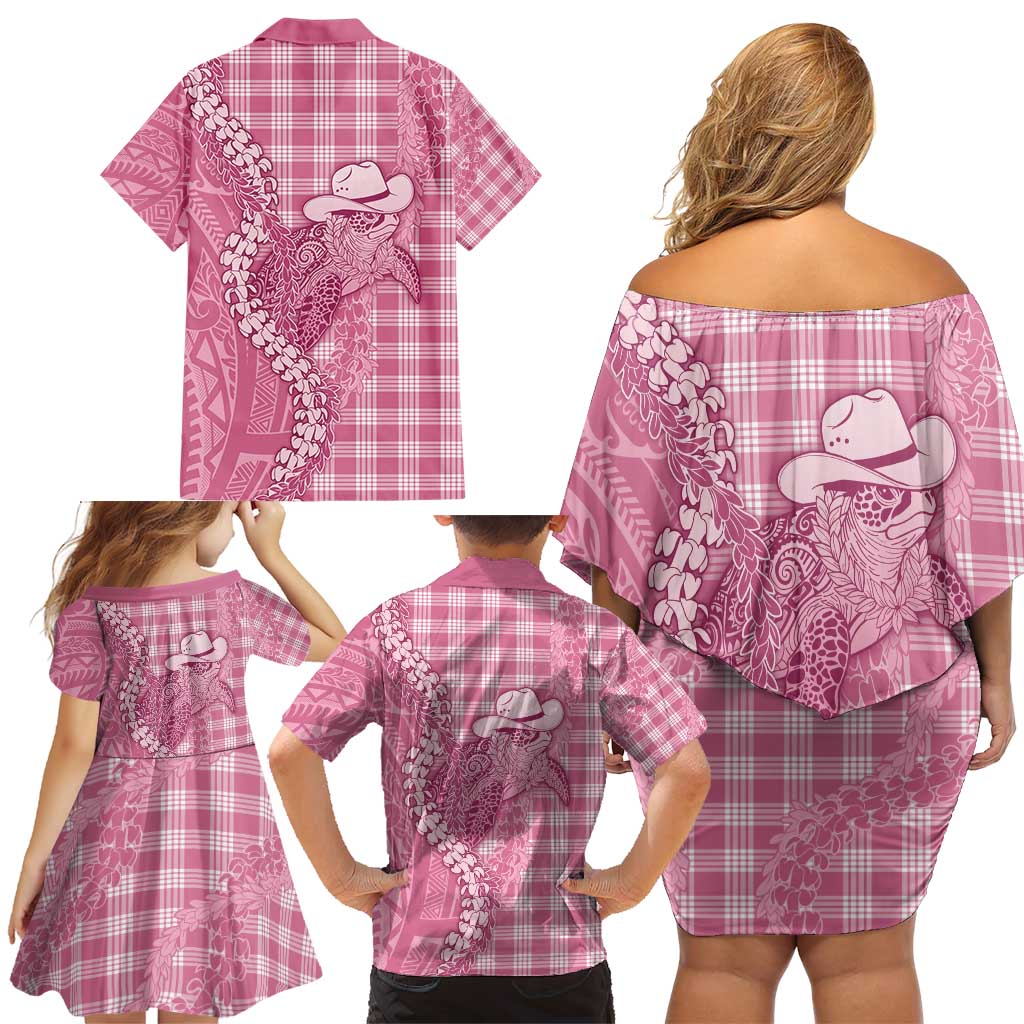 Pink Hawaii Palaka Cowboy Turtle Family Matching Off Shoulder Short Dress and Hawaiian Shirt Hawaiian Paniolo Puakenikeni Maile Lei - Polynesian Pride
