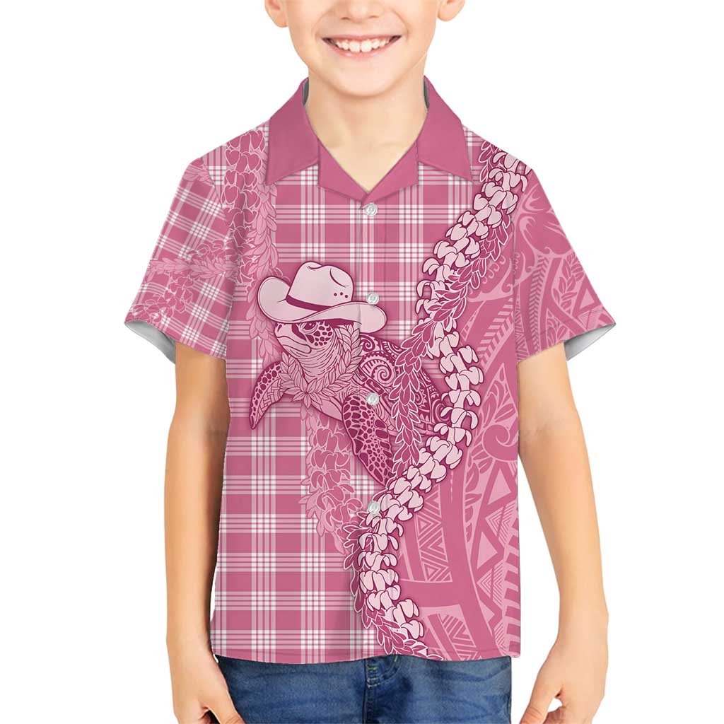 Pink Hawaii Palaka Cowboy Turtle Family Matching Off Shoulder Short Dress and Hawaiian Shirt Hawaiian Paniolo Puakenikeni Maile Lei - Polynesian Pride