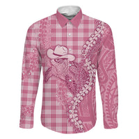 Pink Hawaii Palaka Cowboy Turtle Family Matching Puletasi and Hawaiian Shirt Hawaiian Paniolo Puakenikeni Maile Lei DT05 Dad's Shirt - Long Sleeve Pink - Polynesian Pride