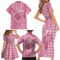 Pink Hawaii Palaka Cowboy Turtle Family Matching Short Sleeve Bodycon Dress and Hawaiian Shirt Hawaiian Paniolo Puakenikeni Maile Lei - Polynesian Pride