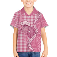 Pink Hawaii Palaka Cowboy Turtle Family Matching Short Sleeve Bodycon Dress and Hawaiian Shirt Hawaiian Paniolo Puakenikeni Maile Lei - Polynesian Pride