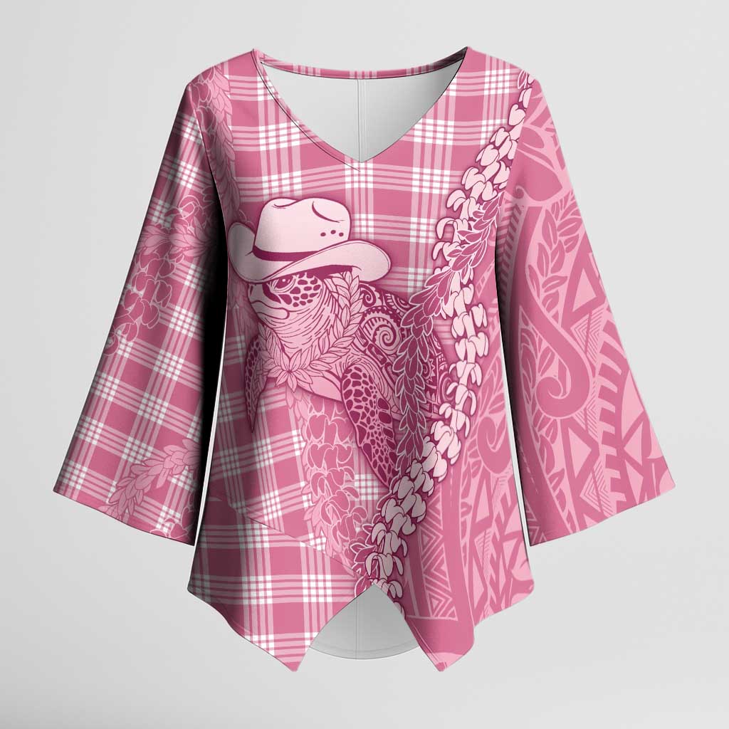 Pink Hawaii Palaka Cowboy Turtle Kimono Sleeve Blouse Hawaiian Paniolo Puakenikeni Maile Lei - Polynesian Pride