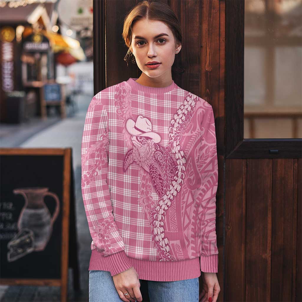 Pink Hawaii Palaka Cowboy Turtle Ugly Christmas Sweater Hawaiian Paniolo Puakenikeni Maile Lei - Polynesian Pride